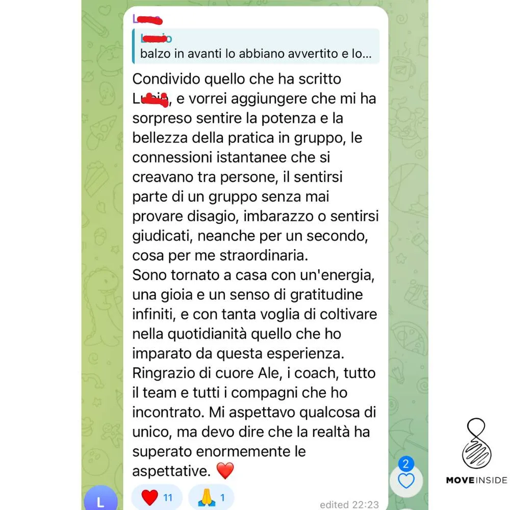 Messaggio di un partecipante dopo l'esperienza
